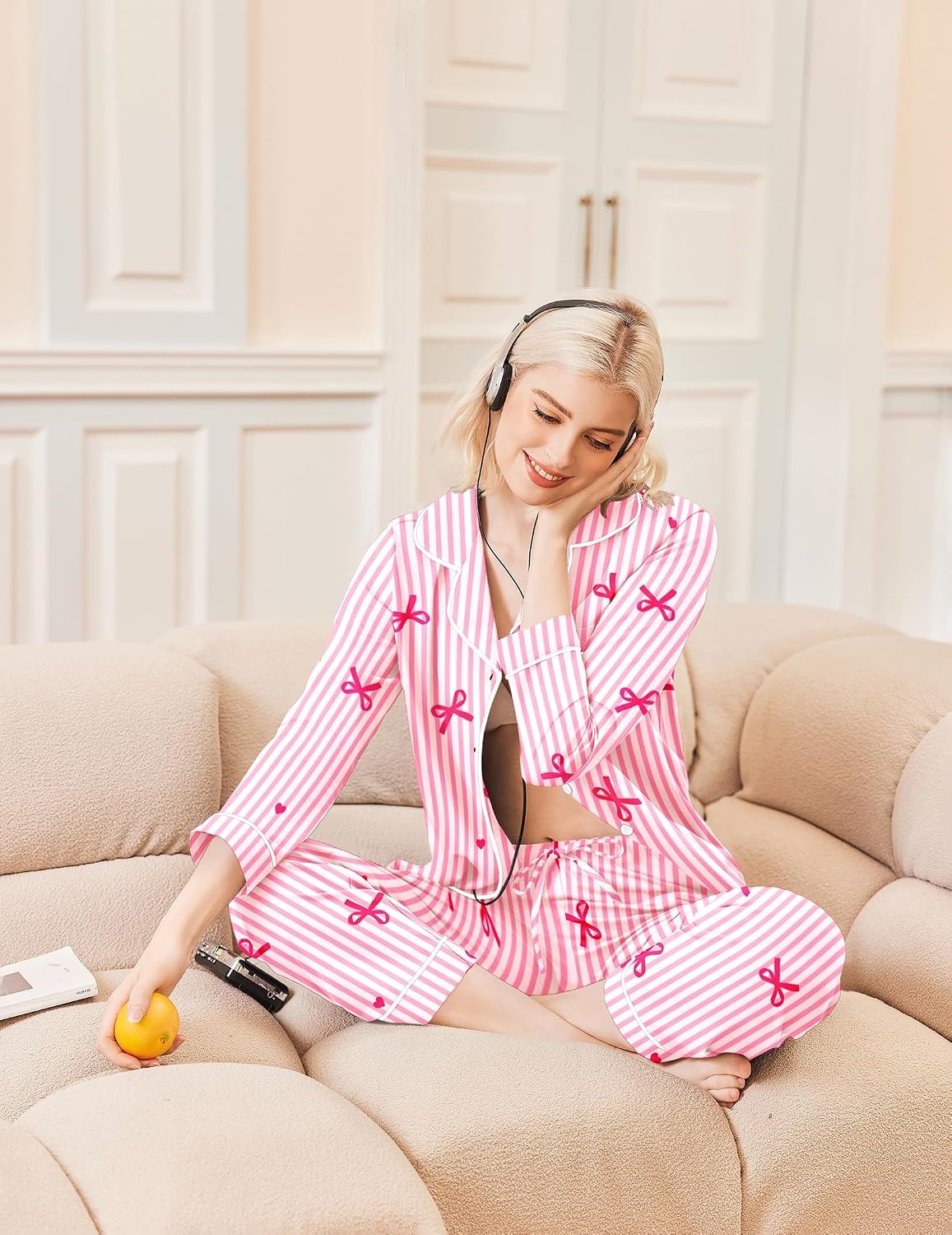 image:imageEkouaer Womens Pajamas Set Classic Sleepwear Long Sleeve Button Up Pjs SetsBow Striped