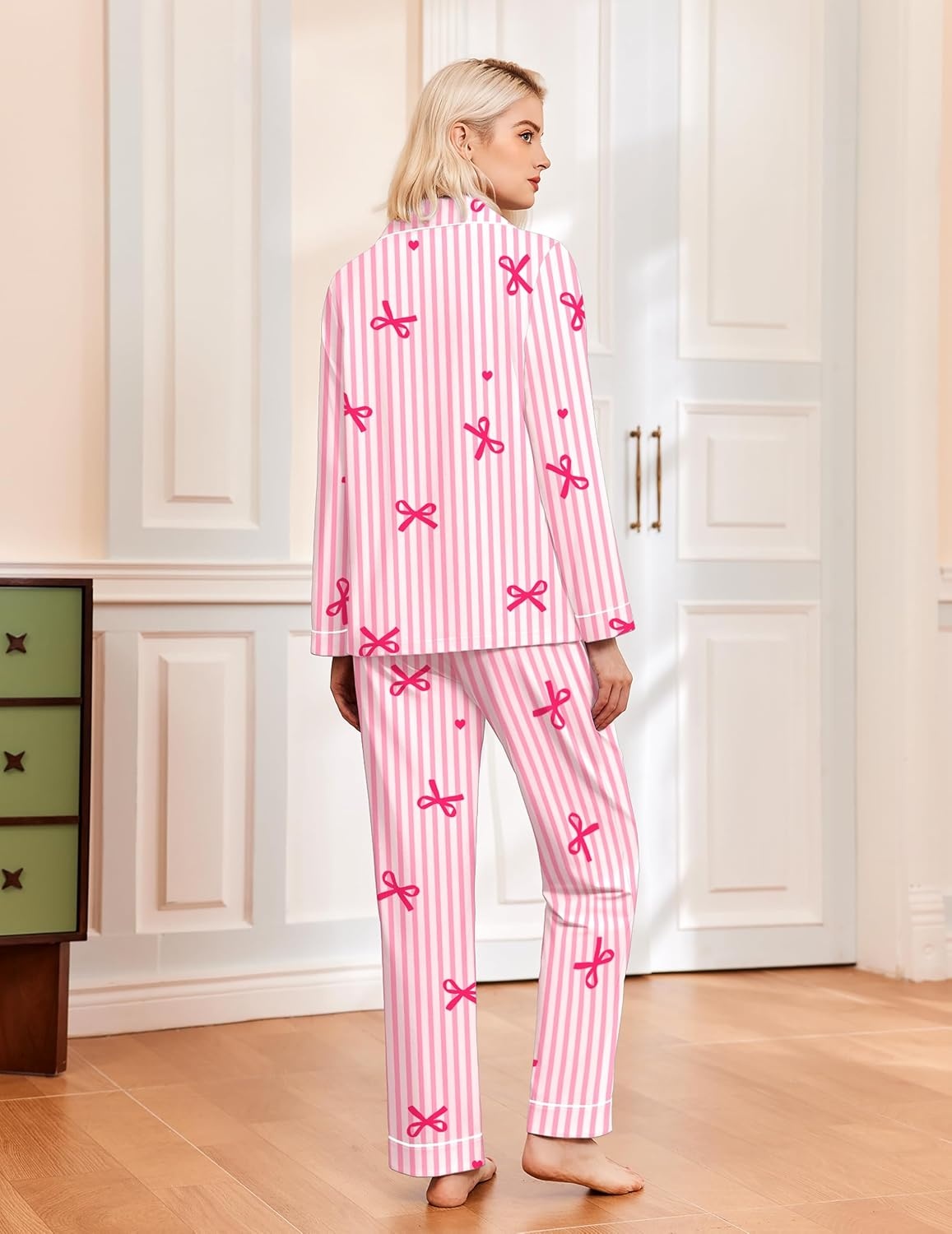 image:imageEkouaer Womens Pajamas Set Classic Sleepwear Long Sleeve Button Up Pjs SetsBow Striped