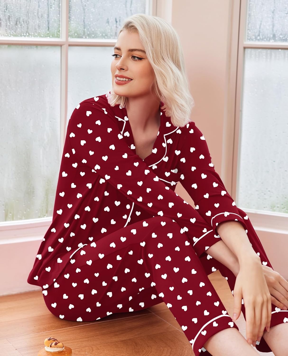 image:imageEkouaer Womens Pajamas Set Classic Sleepwear Long Sleeve Button Up Pjs SetsRed Heart