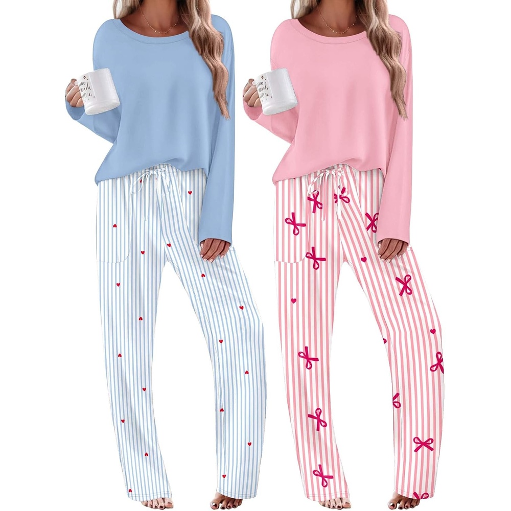 image:imageEkouaer 2 Pack Womens Pajama Sets Long Sleeve Long Pants Pjs LoungewearBlue StripedPink Striped