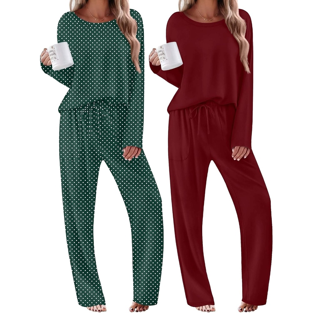 image:imageEkouaer 2 Pack Womens Pajama Sets Long Sleeve Long Pants Pjs LoungewearGreen DotsWine