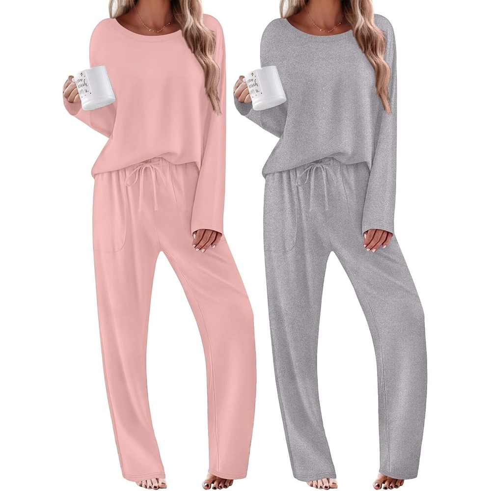 image:imageEkouaer 2 Pack Womens Pajama Sets Long Sleeve Long Pants Pjs LoungewearLight PinkGrey