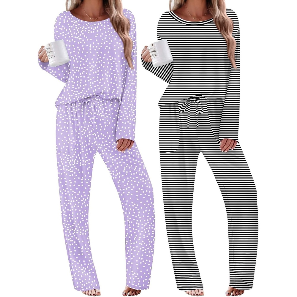 image:imageEkouaer 2 Pack Womens Pajama Sets Long Sleeve Long Pants Pjs LoungewearLilac DotsBlack Striped