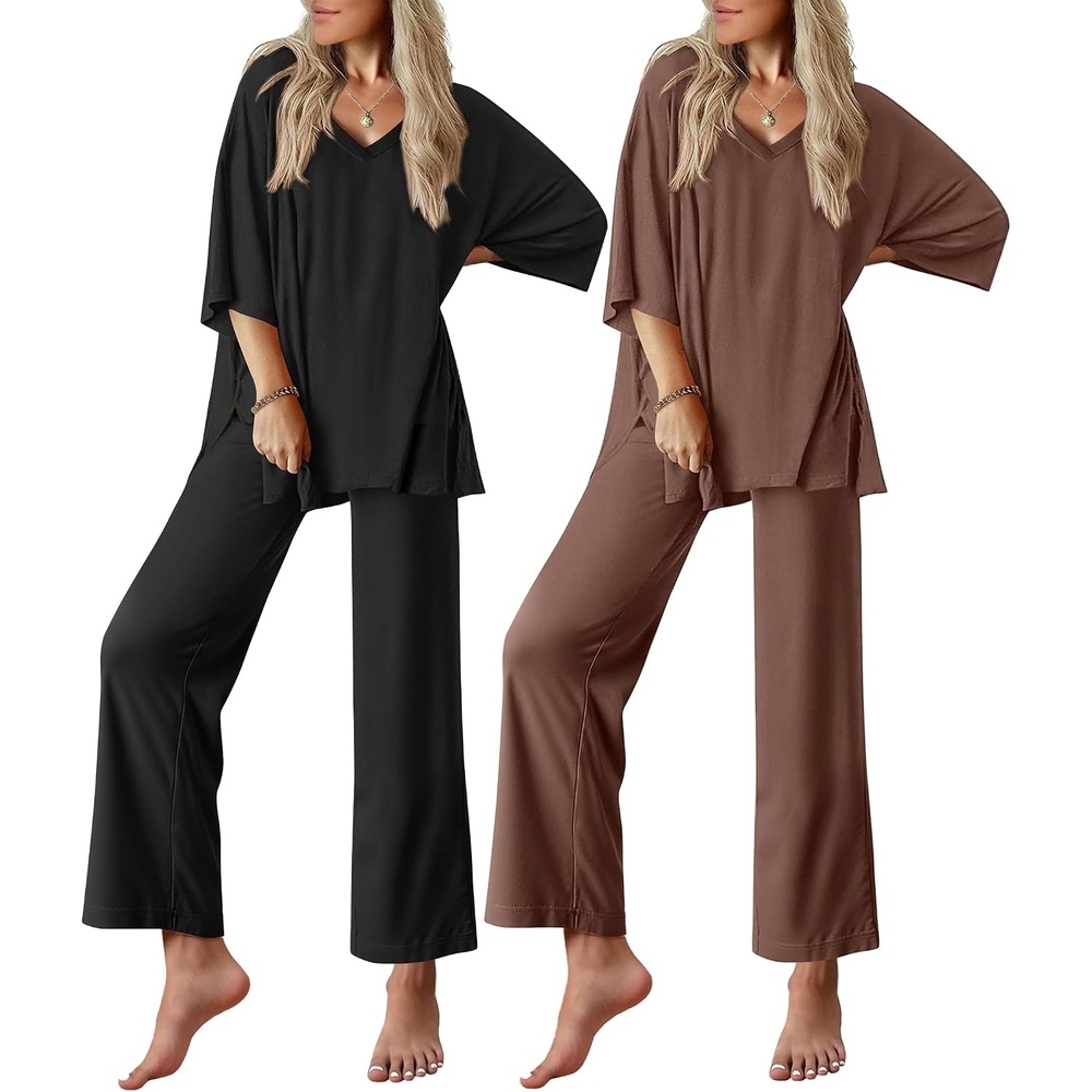 image:imageEkouaer 2 Packs Lounge Set for Women Short Sleeve Pajamas Top and Long PantBlackBrown