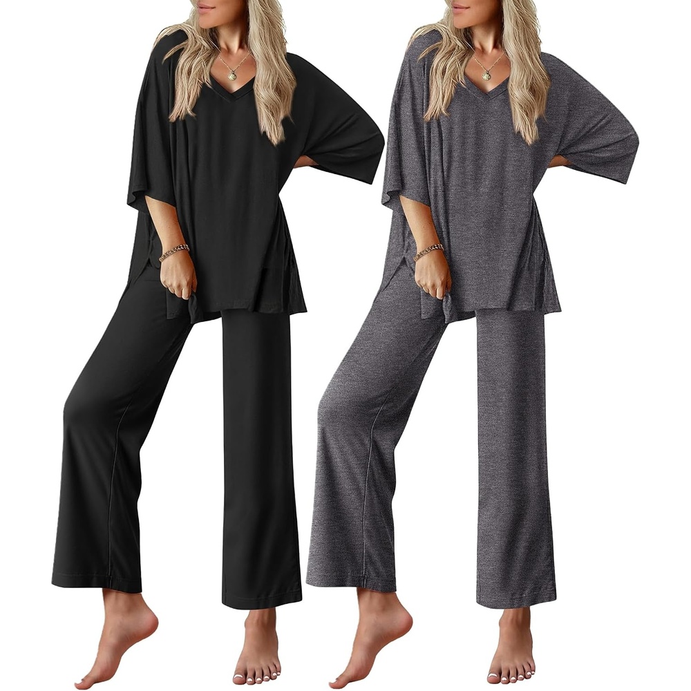 image:imageEkouaer 2 Packs Lounge Set for Women Short Sleeve Pajamas Top and Long PantBlackDark Grey