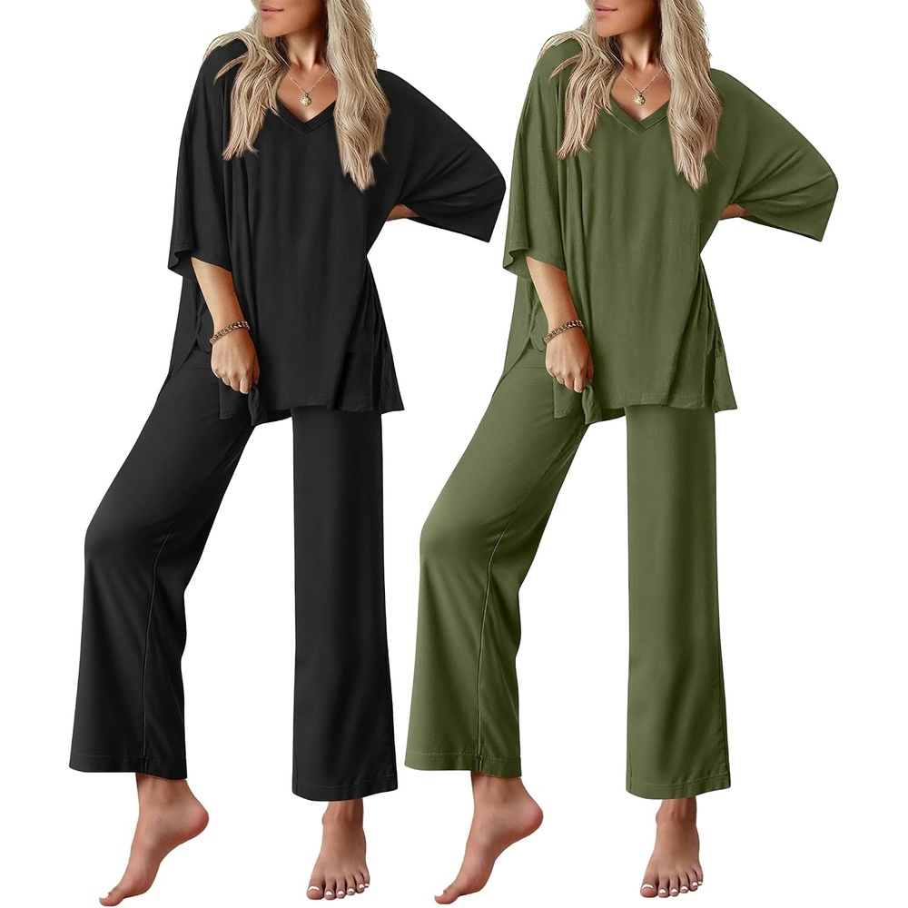 image:imageEkouaer 2 Packs Lounge Set for Women Short Sleeve Pajamas Top and Long PantBlackGreen