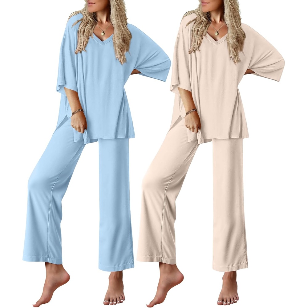 image:imageEkouaer 2 Packs Lounge Set for Women Short Sleeve Pajamas Top and Long PantChampagneBlue