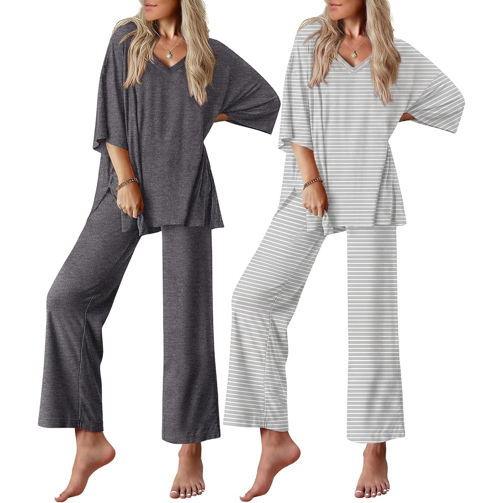 image:imageEkouaer 2 Packs Lounge Set for Women Short Sleeve Pajamas Top and Long PantGrey StripesDark Grey