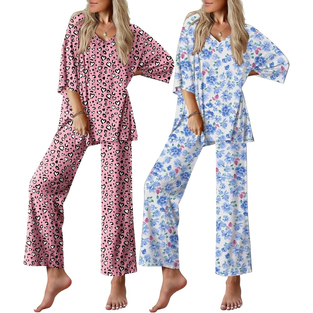 image:imageEkouaer 2 Packs Lounge Set for Women Short Sleeve Pajamas Top and Long PantHeart LeopardBlue Flowers