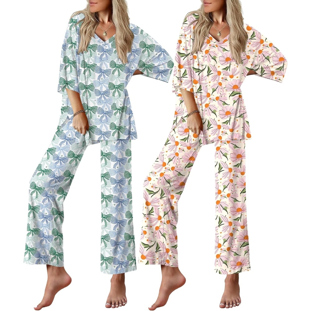 image:imageEkouaer 2 Packs Lounge Set for Women Short Sleeve Pajamas Top and Long PantLine BowsBeige Daisy