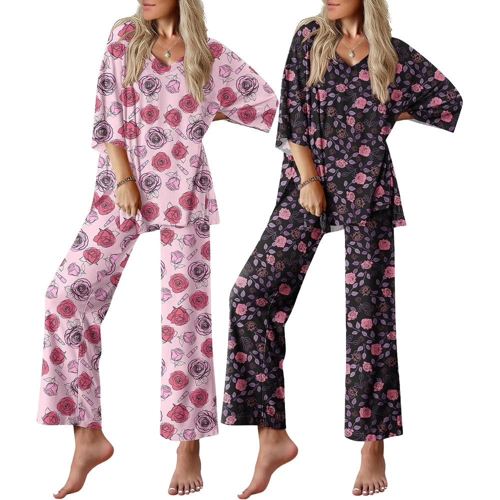 image:imageEkouaer 2 Packs Lounge Set for Women Short Sleeve Pajamas Top and Long PantPink RosesBlack Roses