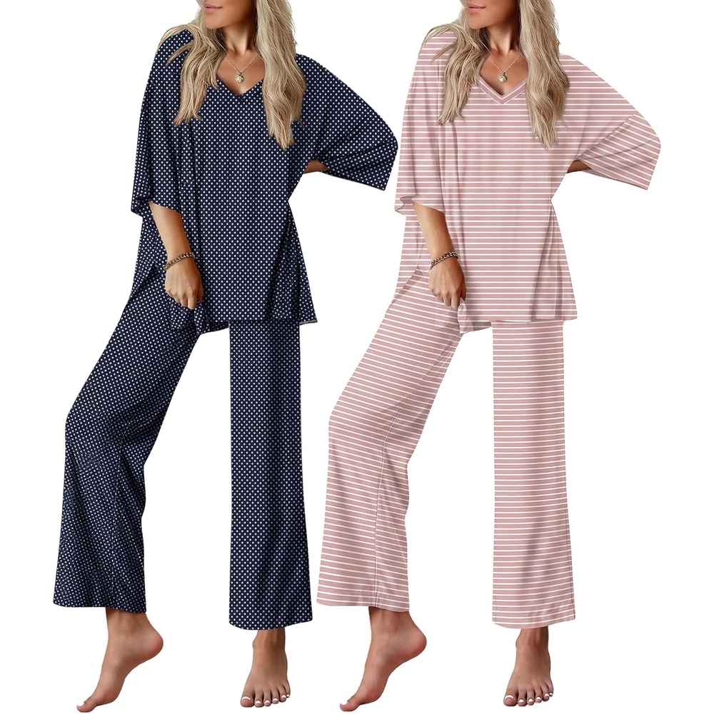 image:imageEkouaer 2 Packs Lounge Set for Women Short Sleeve Pajamas Top and Long PantPink StripesNavy Dots