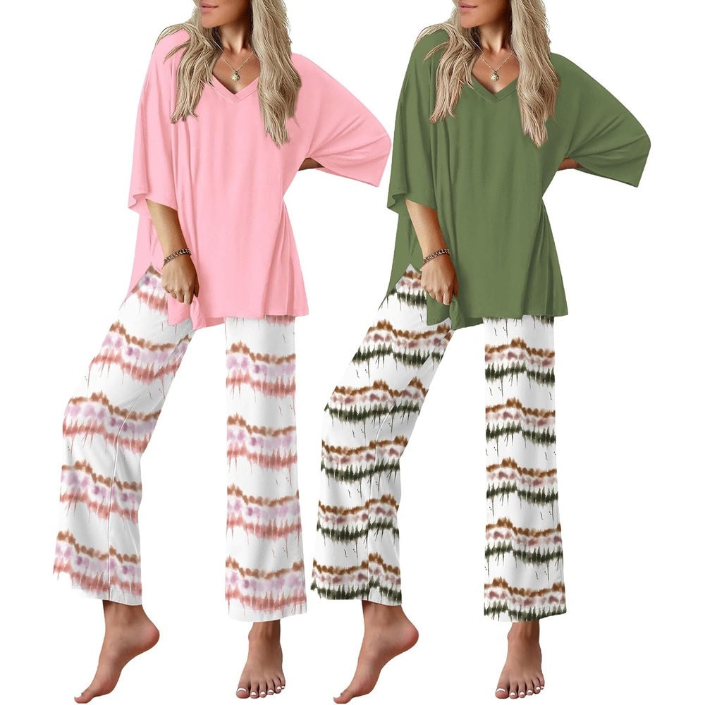 image:imageEkouaer 2 Packs Lounge Set for Women Short Sleeve Pajamas Top and Long PantPink Tiedye StripesGreen Tiedye Stripes