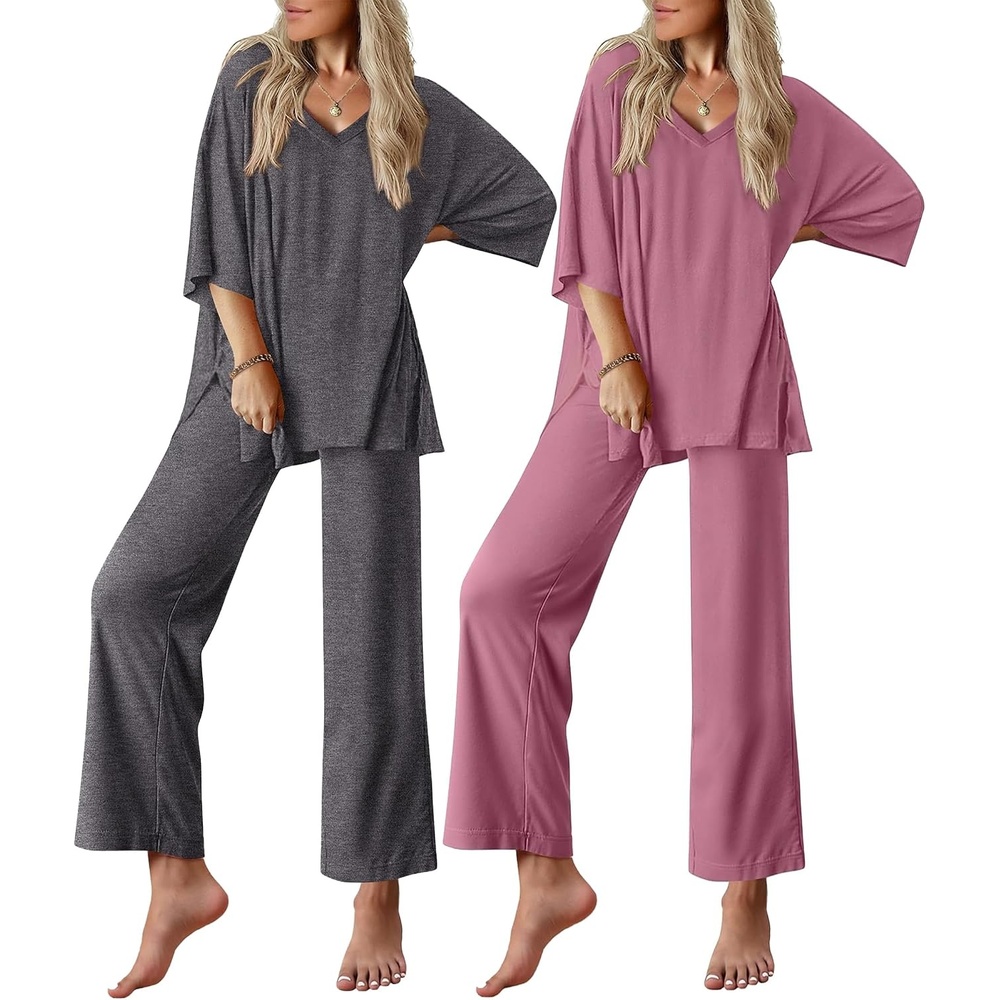 image:imageEkouaer 2 Packs Lounge Set for Women Short Sleeve Pajamas Top and Long PantRose RedDark Grey