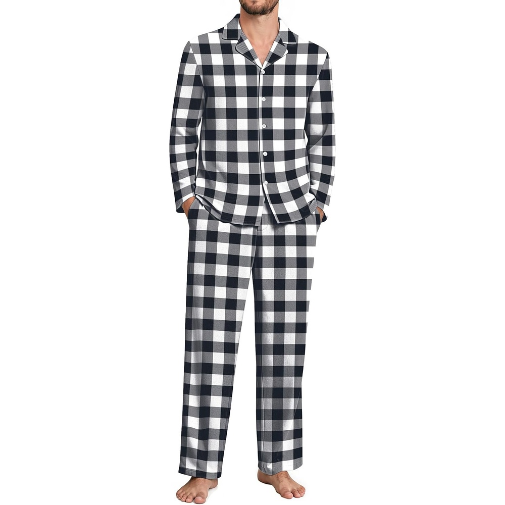image:imageEkouaer Mens 100 Cotton Pajama Set Long Sleeve Button Down Sleepwear S3XLBlack White Buffalo Plaid