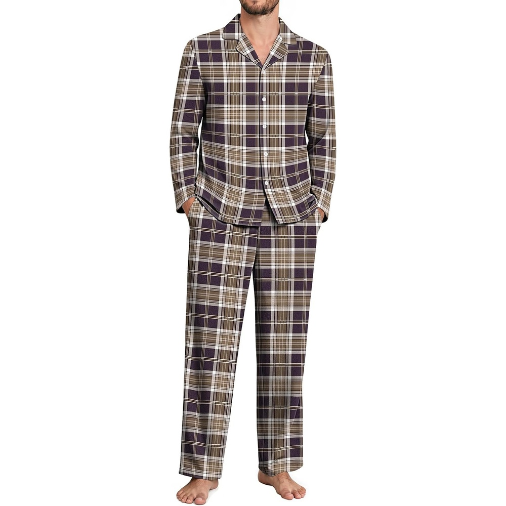 image:imageEkouaer Mens 100 Cotton Pajama Set Long Sleeve Button Down Sleepwear S3XLBrown Plaid