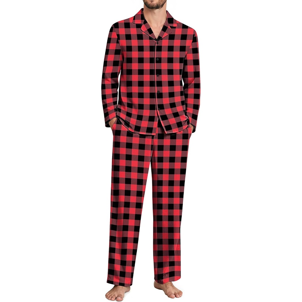 image:imageEkouaer Mens 100 Cotton Pajama Set Long Sleeve Button Down Sleepwear S3XLRed Black Buffalo Plaid