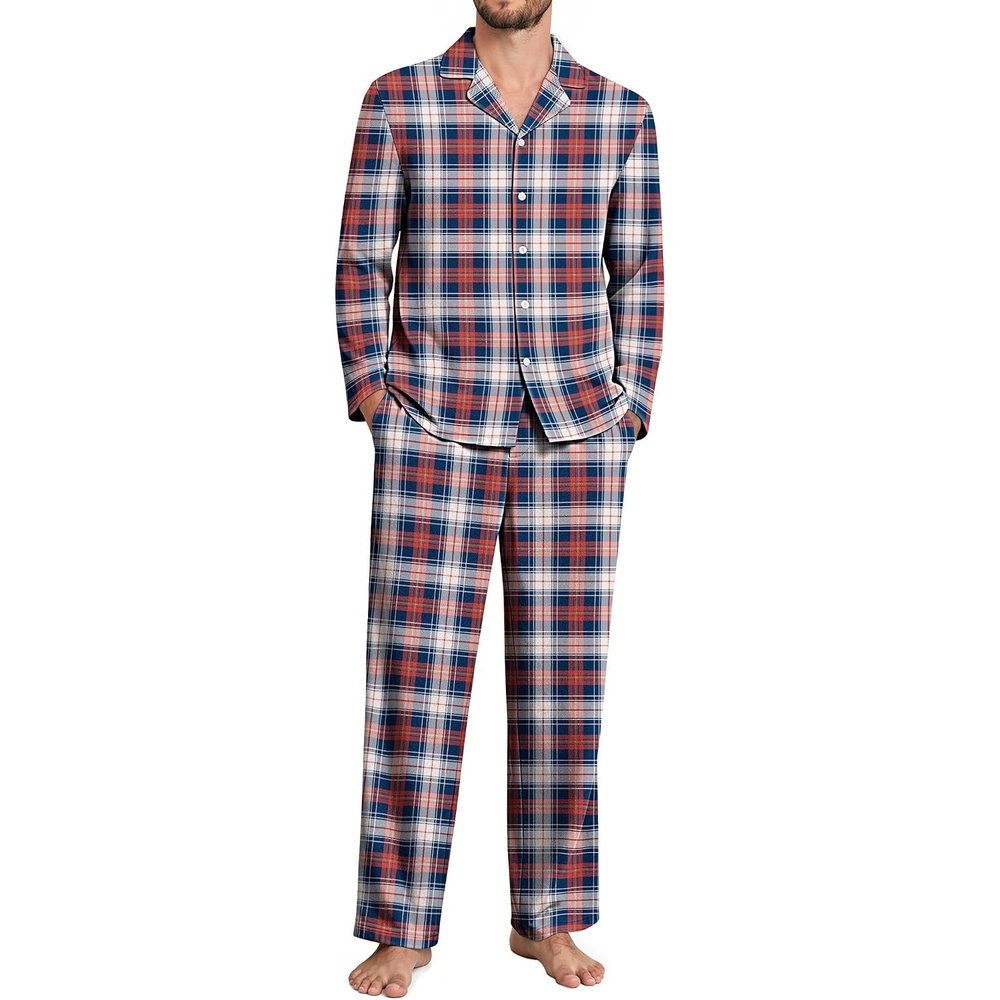 image:imageEkouaer Mens 100 Cotton Pajama Set Long Sleeve Button Down Sleepwear S3XLRed Navy Plaid