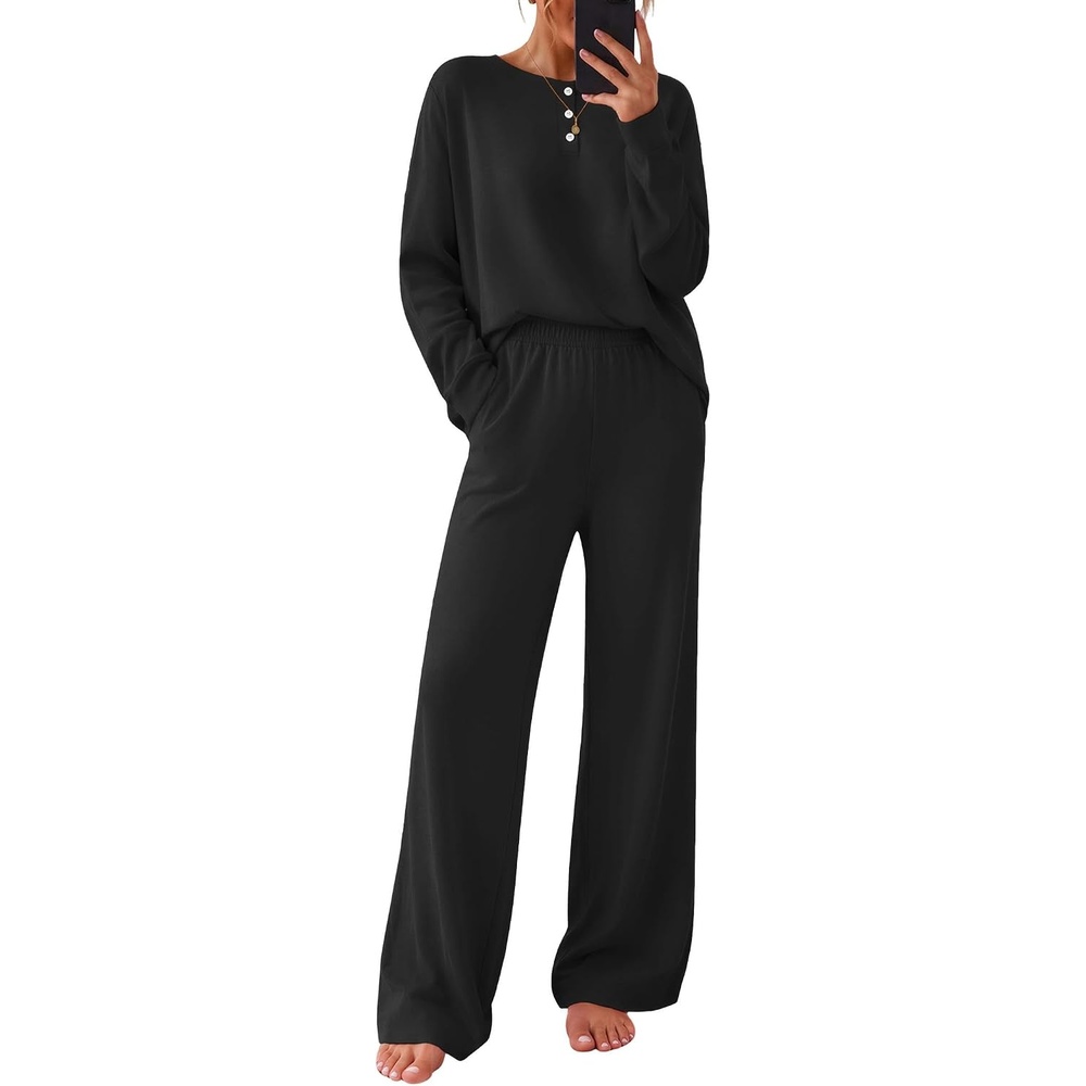 image:imageEkouaer Pajamas for Women Set Cotton Long Sleeve Pjs 2 Piece Lounge SetsBlack