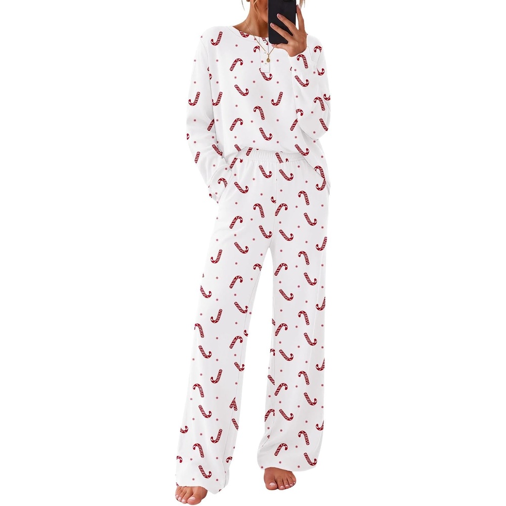 image:imageEkouaer Pajamas for Women Set Cotton Long Sleeve Pjs 2 Piece Lounge SetsChristmas White