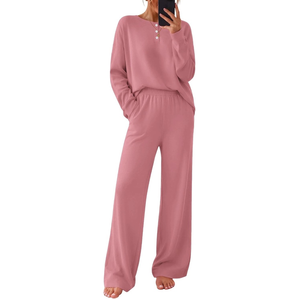 image:imageEkouaer Pajamas for Women Set Cotton Long Sleeve Pjs 2 Piece Lounge SetsGrey Purple