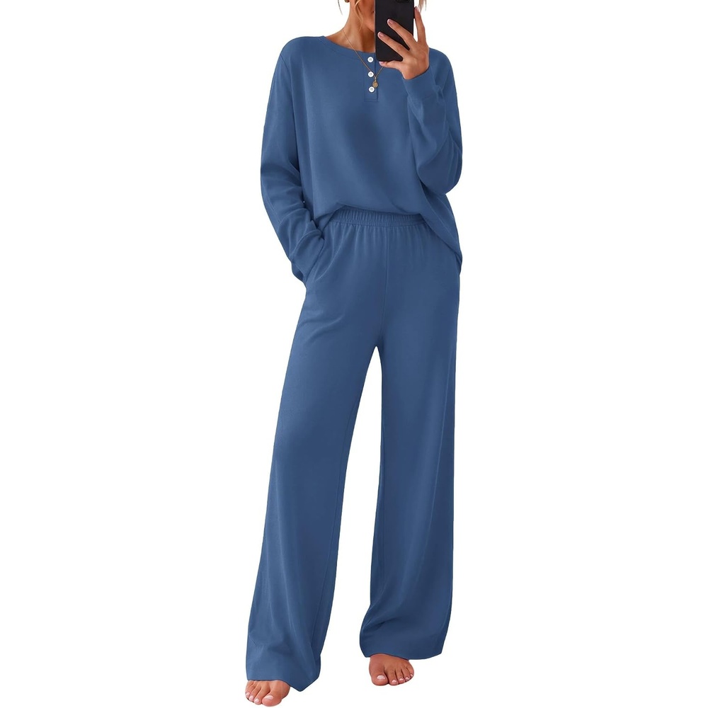 image:imageEkouaer Pajamas for Women Set Cotton Long Sleeve Pjs 2 Piece Lounge SetsNavy