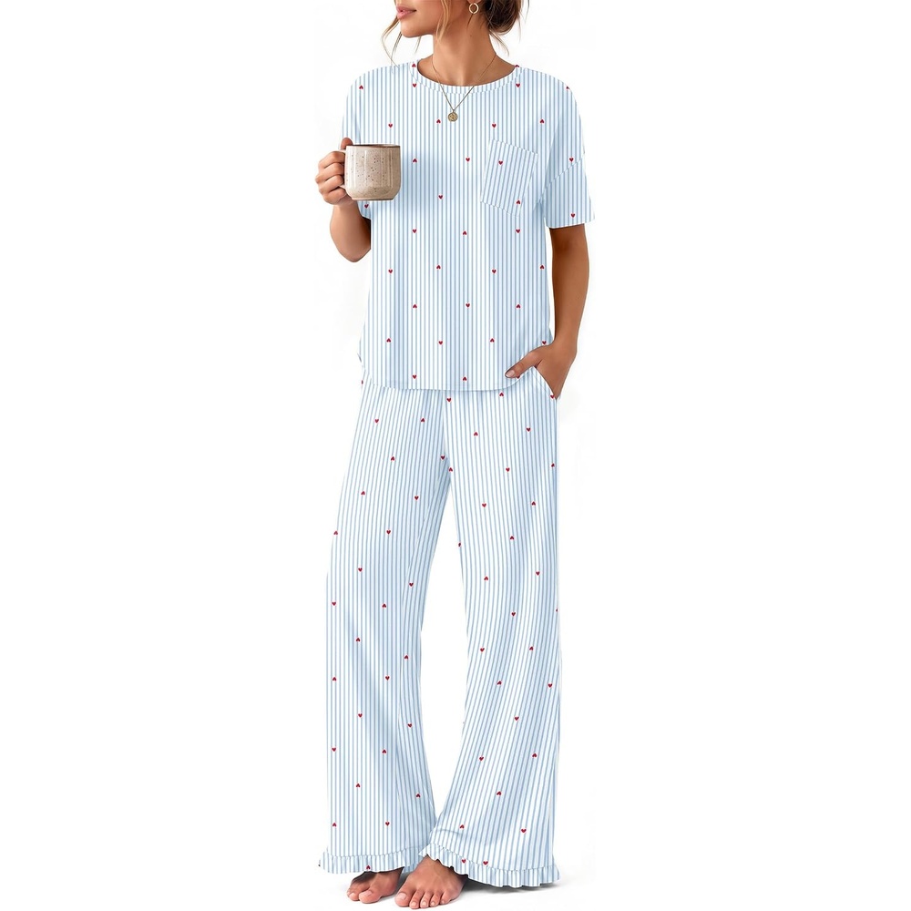 image:imageEkouaer Womens Pajama Set Bamboo Viscose Pj Short Sleeve 2 Piece Lounge SetBlue Stripe