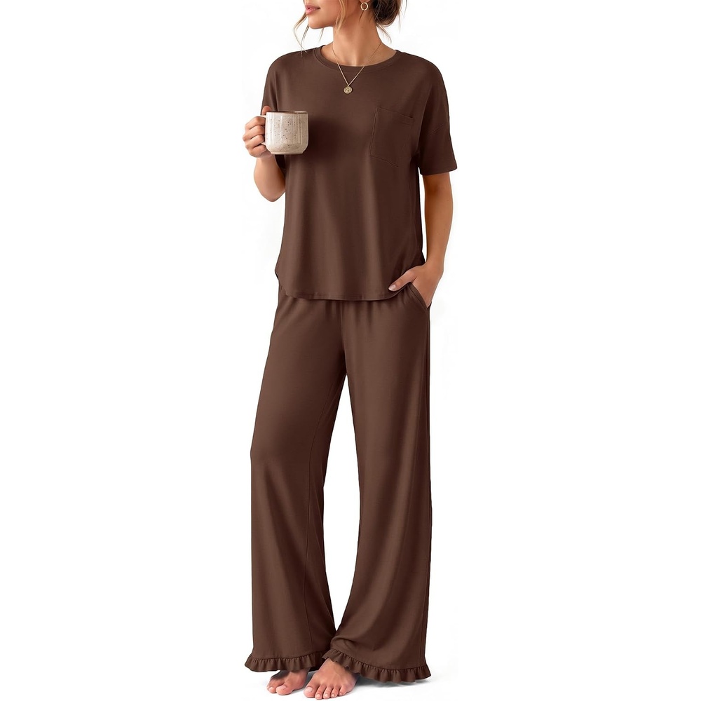 image:imageEkouaer Womens Pajama Set Bamboo Viscose Pj Short Sleeve 2 Piece Lounge SetBrown