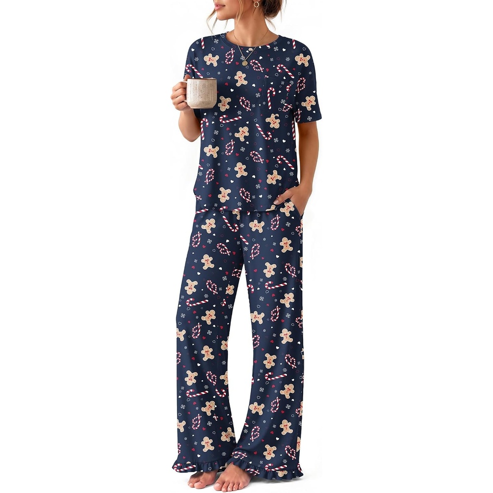 image:imageEkouaer Womens Pajama Set Bamboo Viscose Pj Short Sleeve 2 Piece Lounge SetChristmas Candy Gingerbread