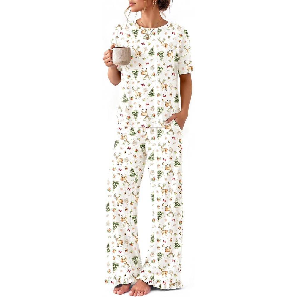 image:imageEkouaer Womens Pajama Set Bamboo Viscose Pj Short Sleeve 2 Piece Lounge SetChristmas White Reindeer