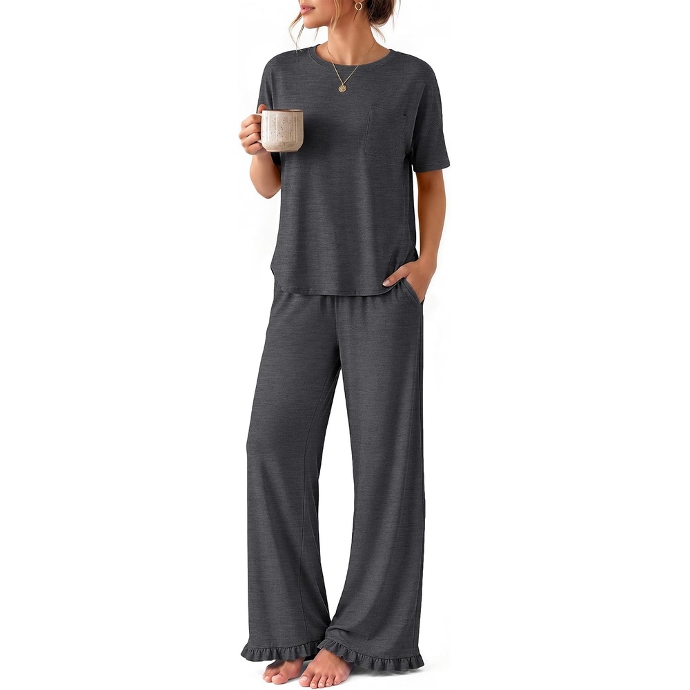 image:imageEkouaer Womens Pajama Set Bamboo Viscose Pj Short Sleeve 2 Piece Lounge SetDark Grey