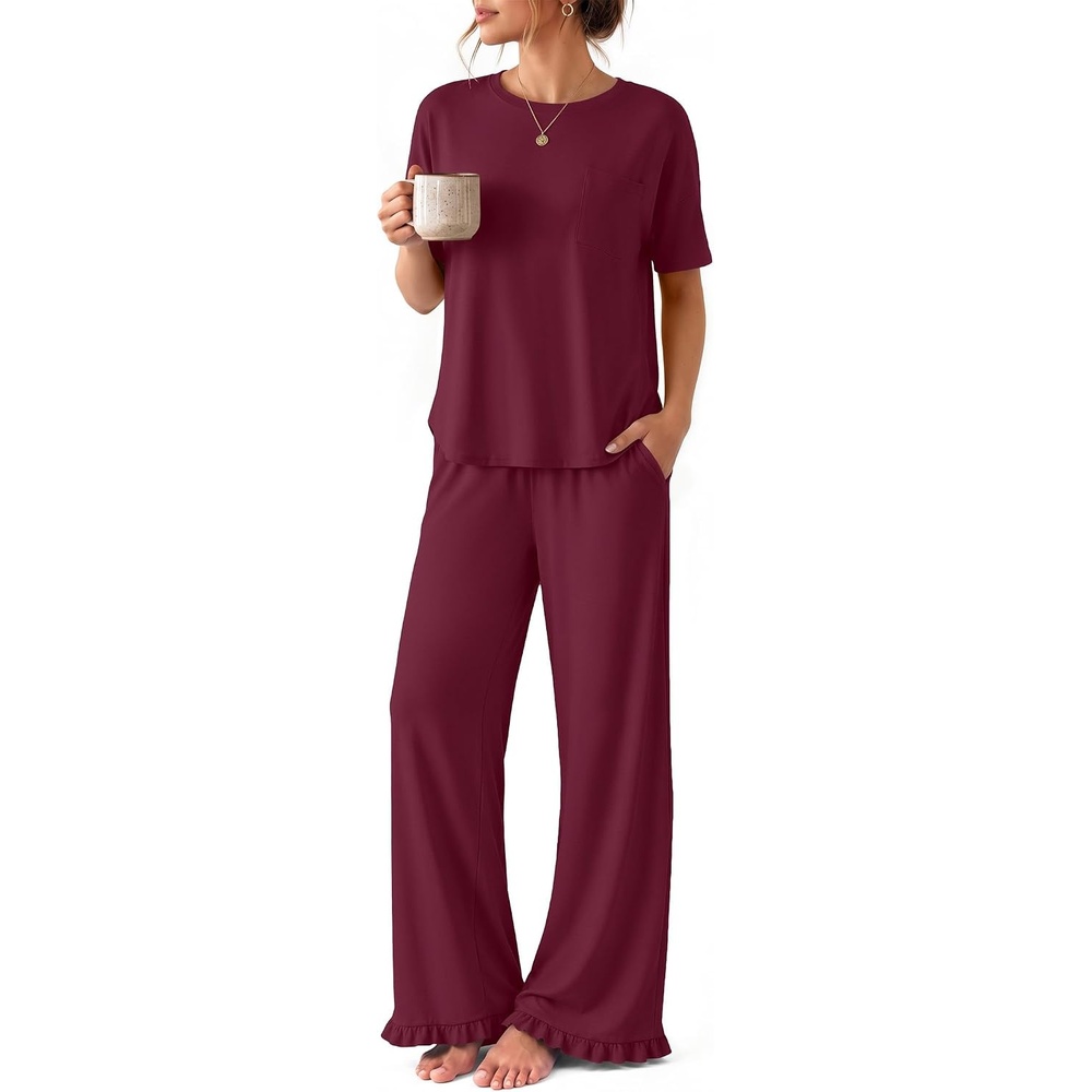 image:imageEkouaer Womens Pajama Set Bamboo Viscose Pj Short Sleeve 2 Piece Lounge SetDeep Red