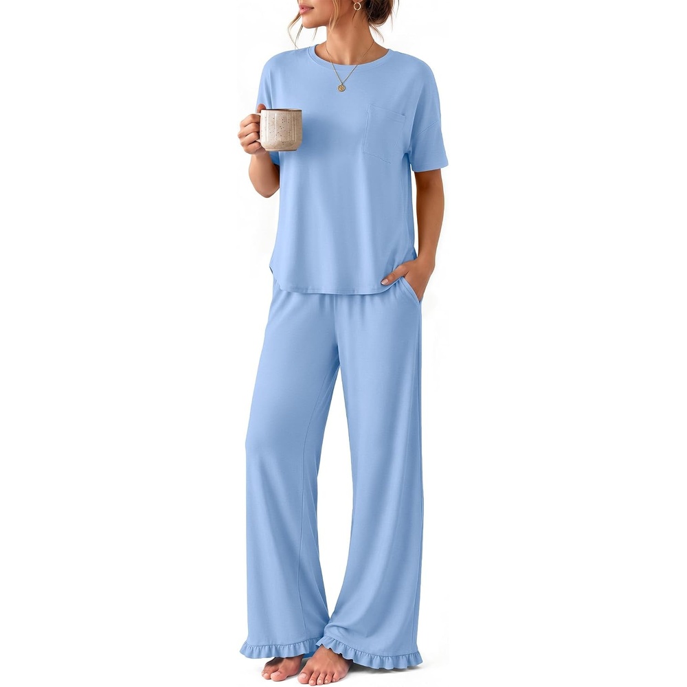 image:imageEkouaer Womens Pajama Set Bamboo Viscose Pj Short Sleeve 2 Piece Lounge SetLight Blue