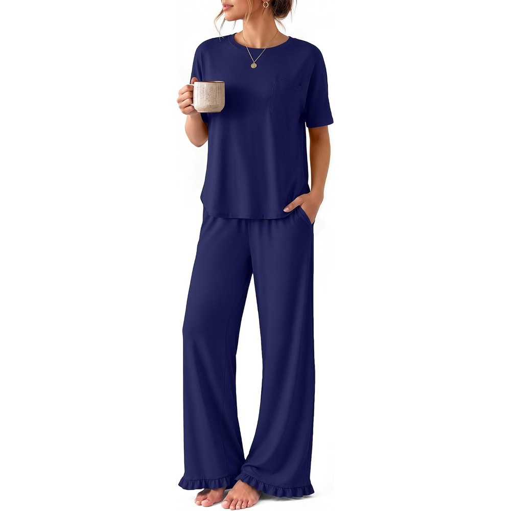 image:imageEkouaer Womens Pajama Set Bamboo Viscose Pj Short Sleeve 2 Piece Lounge SetNavy Blue