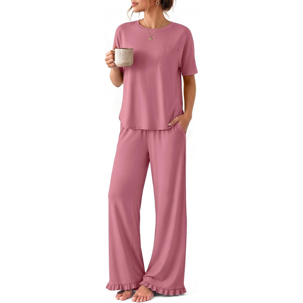 image:imageEkouaer Womens Pajama Set Bamboo Viscose Pj Short Sleeve 2 Piece Lounge SetPurple Red