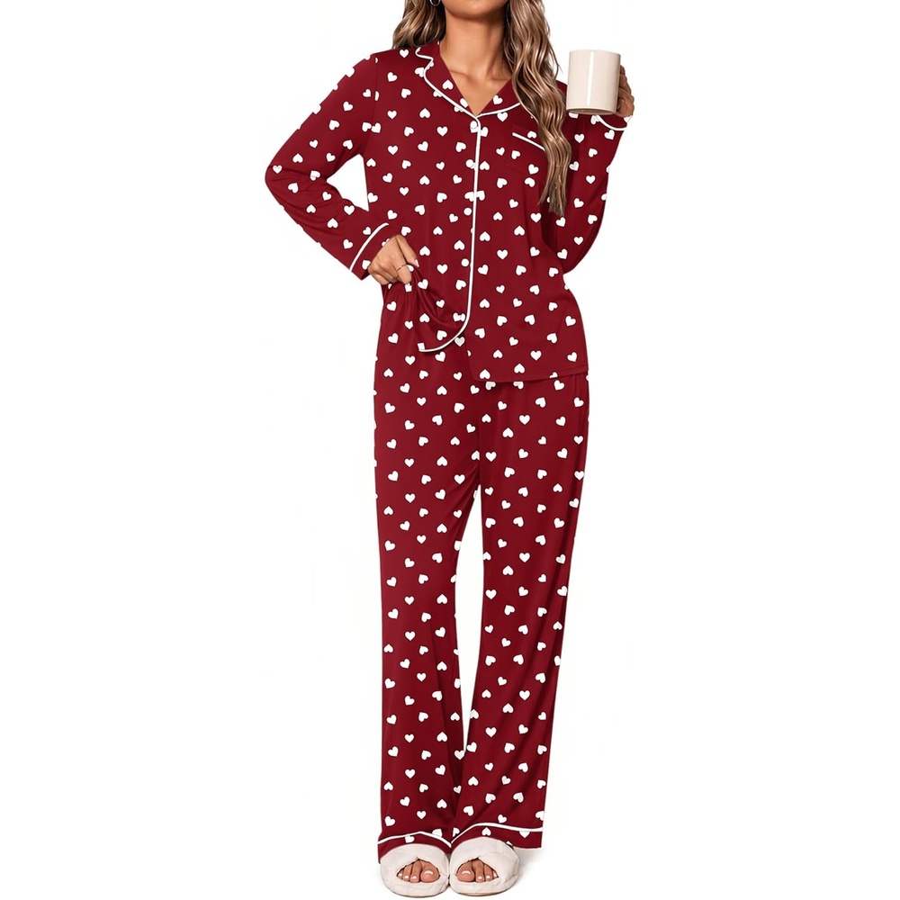image:imageEkouaer Womens Pajamas Set Classic Sleepwear Long Sleeve Button Up Pjs SetsRed Heart