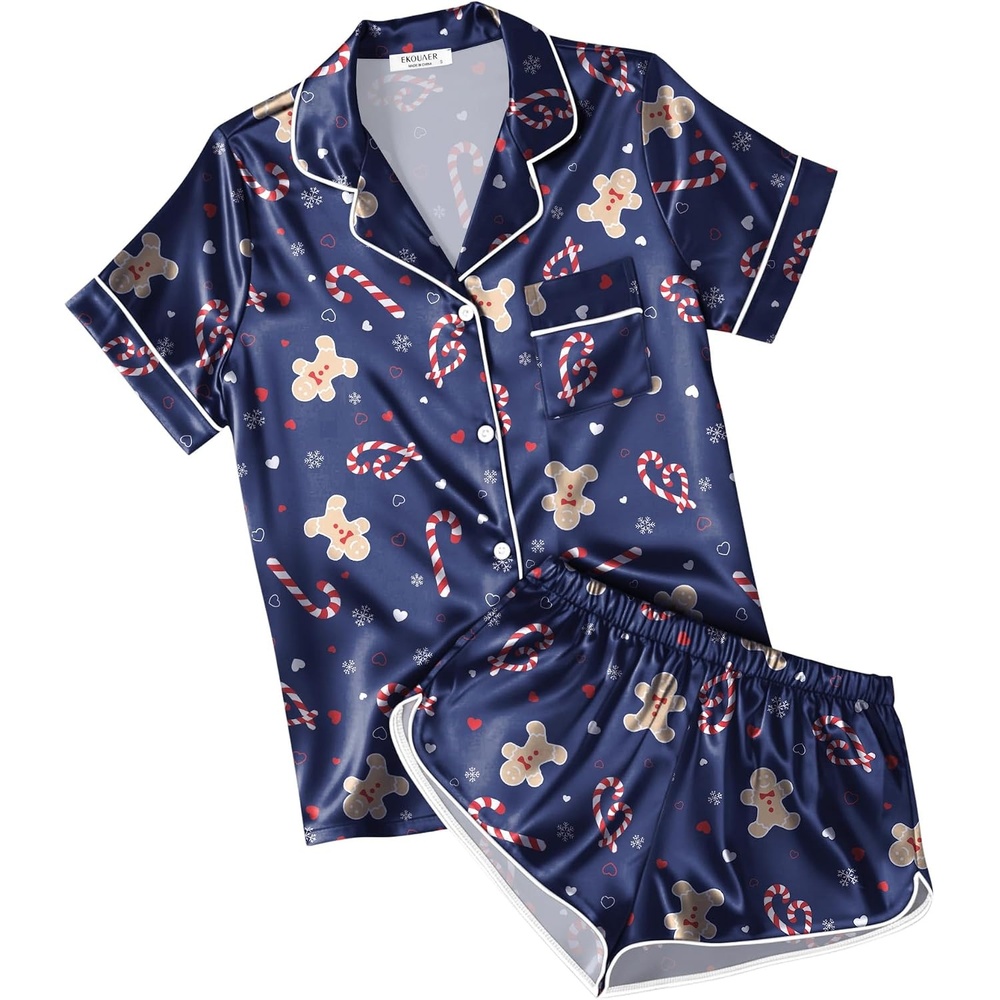 image:imageEkouaer Womens Satin Pajama Set Silk Pj Short Sets 2 Piece Loungewear S5XLBlue Christmas Gingerbread