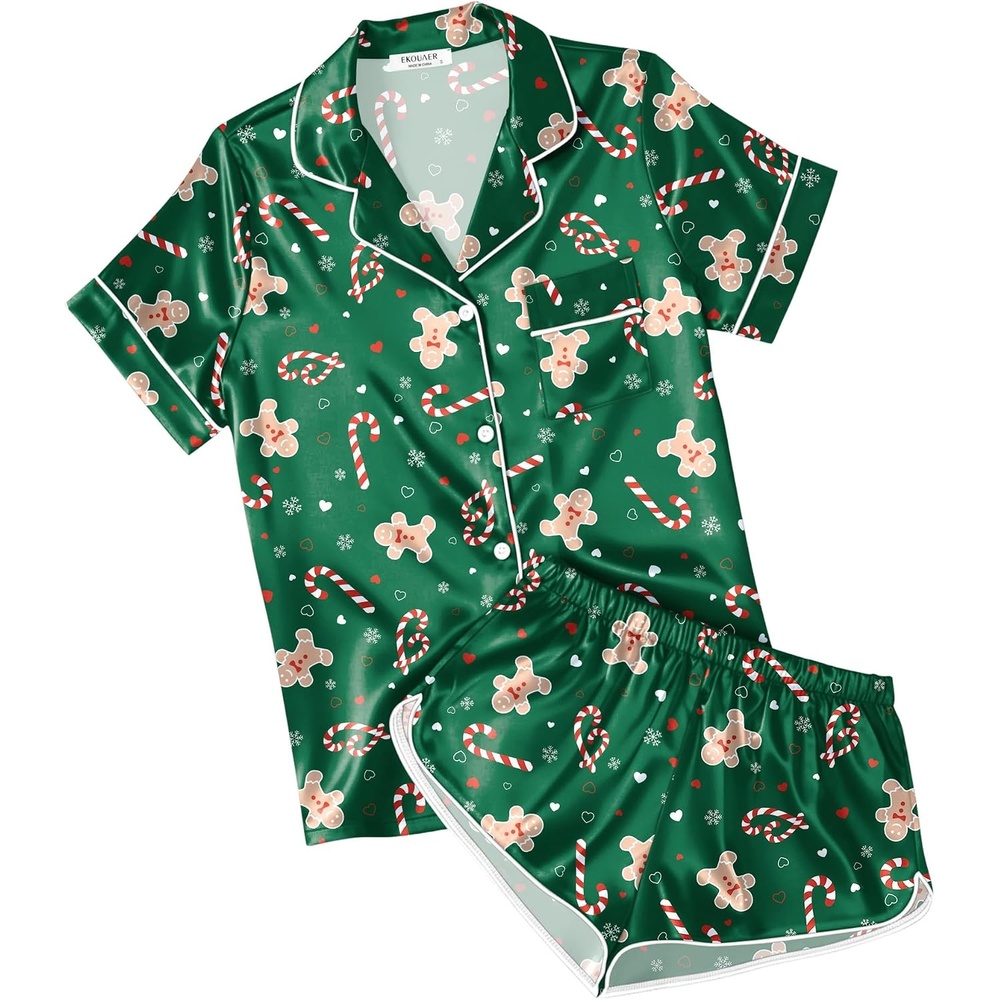 image:imageEkouaer Womens Satin Pajama Set Silk Pj Short Sets 2 Piece Loungewear S5XLGreen Christmas Gingerbread