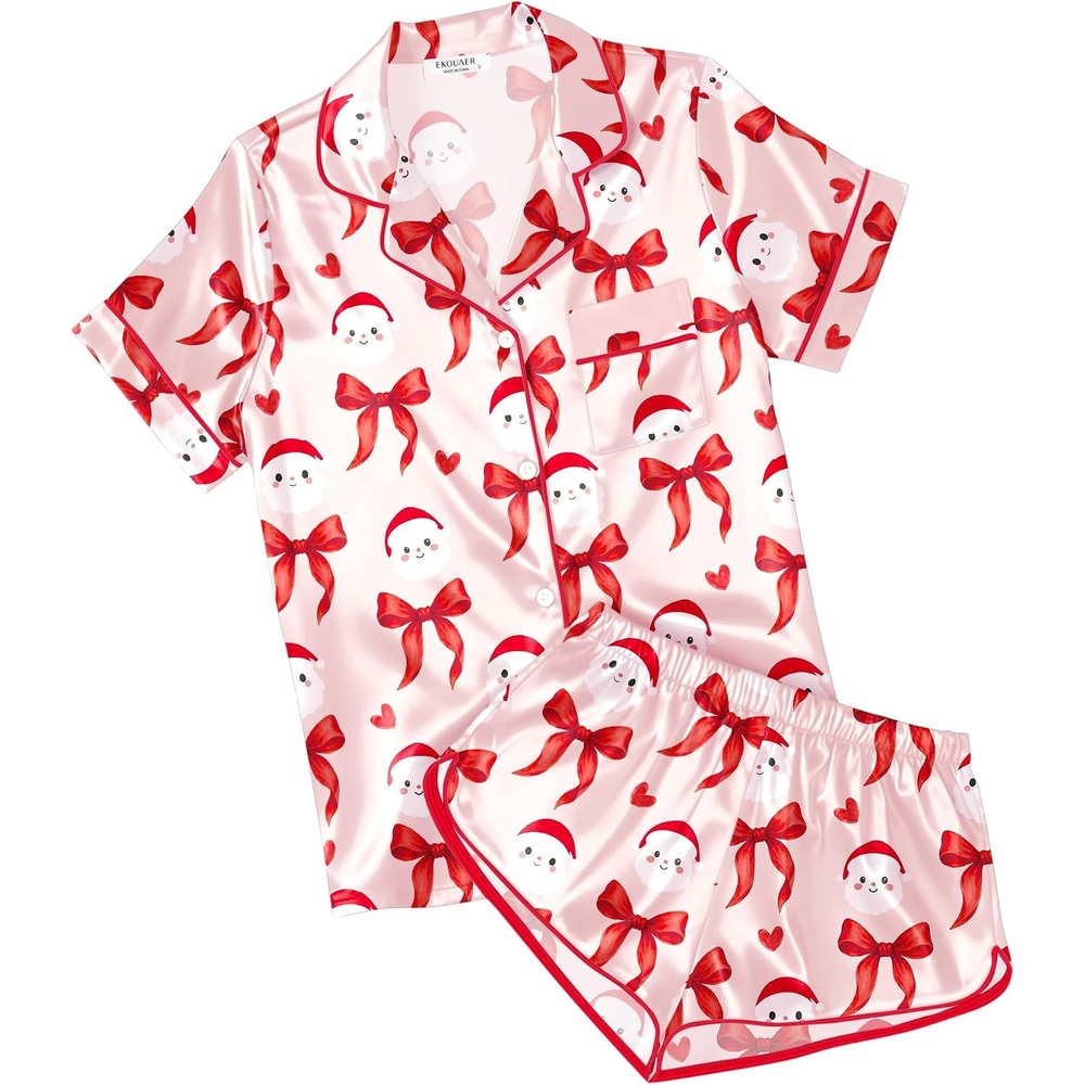 image:imageEkouaer Womens Satin Pajama Set Silk Pj Short Sets 2 Piece Loungewear S5XLPink Christmas Snowman Bow