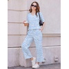 Ekouaer 2 Packs Lounge Set for Women Short Sleeve Pajamas Top and Long Pant(Blue Lines/White Flowers)