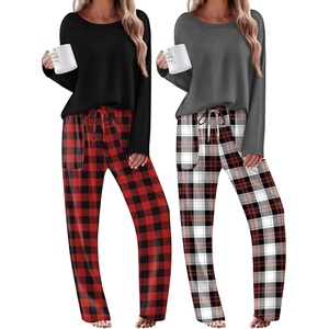 Ekouaer 2 Pack Womens Pajama Sets Long Sleeve Long Pants Pjs Loungewear(Black Plaid/Grey Plaid)