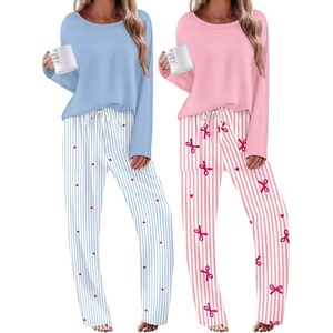 Ekouaer 2 Pack Womens Pajama Sets Long Sleeve Long Pants Pjs Loungewear(Blue Striped/Pink Striped)