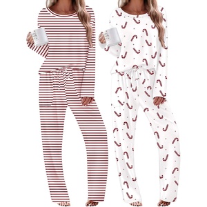 Ekouaer 2 Pack Womens Pajama Sets Long Sleeve Long Pants Pjs Loungewear(Christmas Wihte Candy/Red Striped)