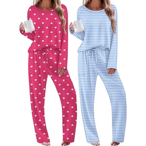 Ekouaer 2 Pack Womens Pajama Sets Long Sleeve Long Pants Pjs Loungewear(Rose Heart/Light Blue Striped)