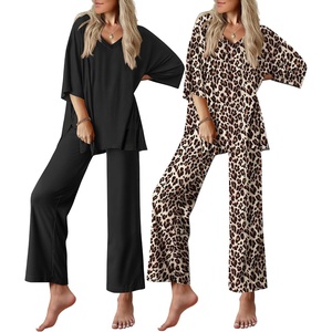 Ekouaer 2 Packs Lounge Set for Women Short Sleeve Pajamas Top and Long Pant(Black/Brown Leopard)