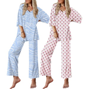 Ekouaer 2 Packs Lounge Set for Women Short Sleeve Pajamas Top and Long Pant(Blue Lines/White Flowers)