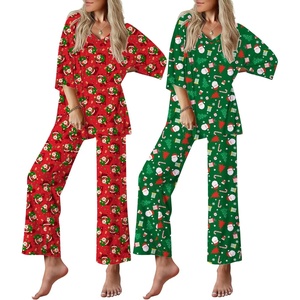 Ekouaer 2 Packs Lounge Set for Women Short Sleeve Pajamas Top and Long Pant(Green Santa Claus/Red Santa Claus)