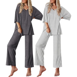 Ekouaer 2 Packs Lounge Set for Women Short Sleeve Pajamas Top and Long Pant(Grey Stripes/Dark Grey)