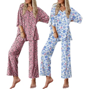 Ekouaer 2 Packs Lounge Set for Women Short Sleeve Pajamas Top and Long Pant(Heart Leopard/Blue Flowers)