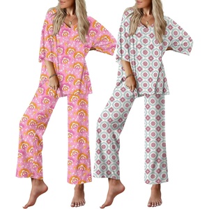 Ekouaer 2 Packs Lounge Set for Women Short Sleeve Pajamas Top and Long Pant(Pink Cashew Flower/Vintage Blooms)